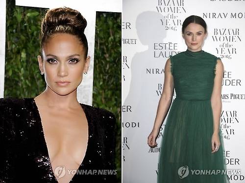 '클리비지 룩'을 선택한 제니퍼 로페즈(좌)와 이와 반대로 목까지 올라오는 드레스를 입은 키라 나이틀리(우)