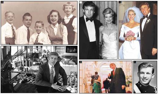 어린 시절 트럼프의 가족사진(②·맨 왼쪽이 트럼프), 1977년 첫 부인 이바나와의 결혼식(③), 1992년 두 번째 부인 메이플스와의 결혼식 사진(④), 18세 때 모습(⑤), 1992년 개봉한 영화 '나 홀로 집에2'에 카메오로 출연했을 때의 장면(⑥), 1973년 뉴욕타임스와 인터뷰하는 모습(⑦). 트럼프 페이스북, 뉴욕타임스·포브스 등