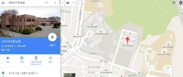 구글 맵 홈페이지(maps.google.com)에서 국토리지정보원을 검색하면 나오는 화면. 우리나라의 경우 주요 건물만 표시되고 골목길이나 작은 상가 등 세밀한 지도 정보까지는 제공되지 않고 있다./ 구글 맵 홈페이지 캡쳐