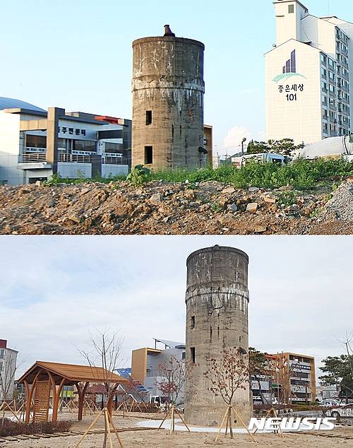 【충주=뉴시스】강신욱 기자 = 충북 충주시 봉방동 170-5 옛 충주역 급수탑이 봉방소공원 조성으로 제 모습을 되찾았다(아래사진).  위 사진은 공원 조성 전 흉물처럼 방치됐던 급수탑. 2016.11.22.   ksw64@newsis.com