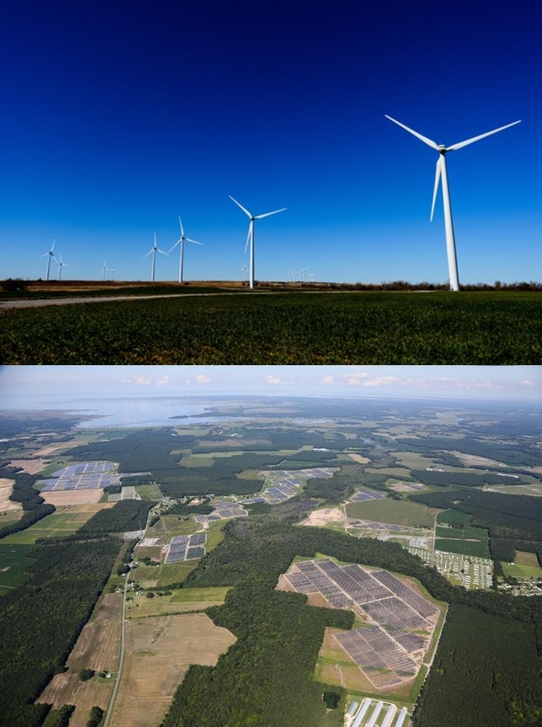 내년부터 친환경 에너지만 쓰겠다고 선언한 구글은 풍력발전으로 얻은 전기로 데이터 센터를 운영한다(사진 위). 아마존 클라우드 서버는 태양광 발전소에서 생산한 전기를 쓴다(사진 아래)./사진=구글, 아마존