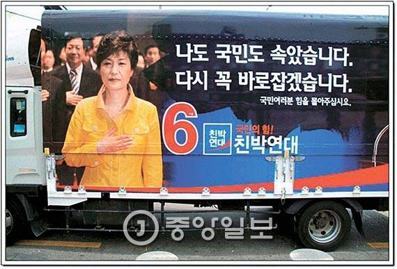 2008년 한나라당 계파갈등으로 친박계 의원들이 탈당해 꾸린 친박연대. [중앙포토]