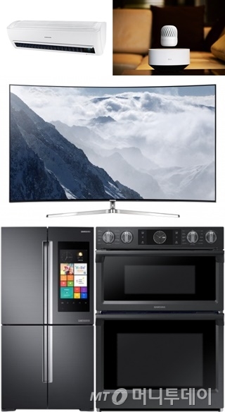 (왼쪽 위부터)CES 2017에서 공개될 삼성 '벽걸이형 무풍에어컨'과 공중 부양이 가능한 LG '블루투스 스피커', CES 2016에서 공개된 삼성 SUHD TV, CES 2016에서 공개된 삼성 '패밀리 허브' 냉장고 및 CES 2017에서 공개될 삼성 '북미향 프리미엄 주방가전 패키지' 중 '블랙 스테인리스 콤비 오븐'/사진제공=각사