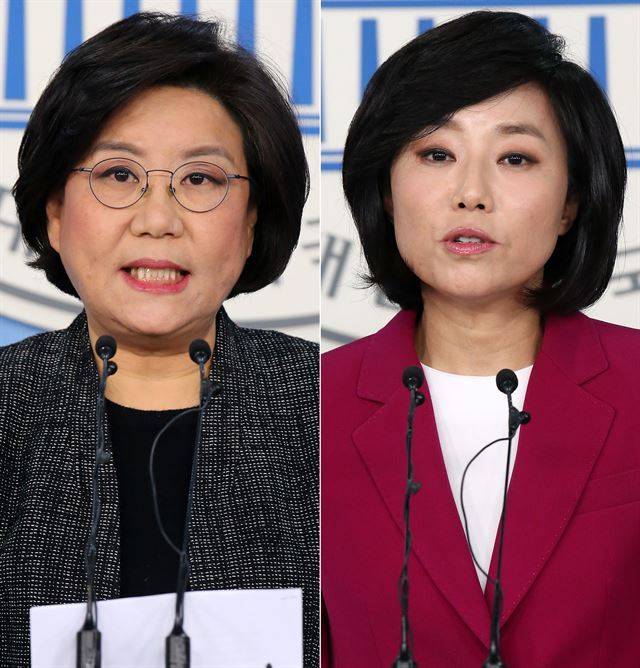 4.13 총선을 앞두고 서울 서초갑에서 새누리당 공천을 두고 일전을 벌였던 이혜훈(왼쪽) 전 최고위원과 조윤선 전 청와대 정무수석비서관이 지난해 12월 20일 오전 국회 정론관에서 잇따라 출마 기자회견을 하고 있는 모습. 한국일보 자료사진