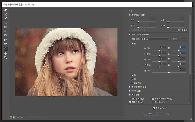 포토샵 CC 2017의 안면 인식 픽셀 유동화 기능은 양쪽 눈을 나눠서 조절 가능하다