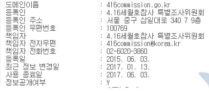 도메인 흔적. 17일 특조위와 인터넷주소센터 관리자의 말을 종합하면, 특조위 홈페이지는 지난 13일 갑작스럽게 접속이 불가능해졌다. 해당 홈페이지의 아이피(IP, 인터넷 프로토콜) 주소가 아예 사라진 것이다. (사진=한국인터넷 진흥원 화면 캡처)
