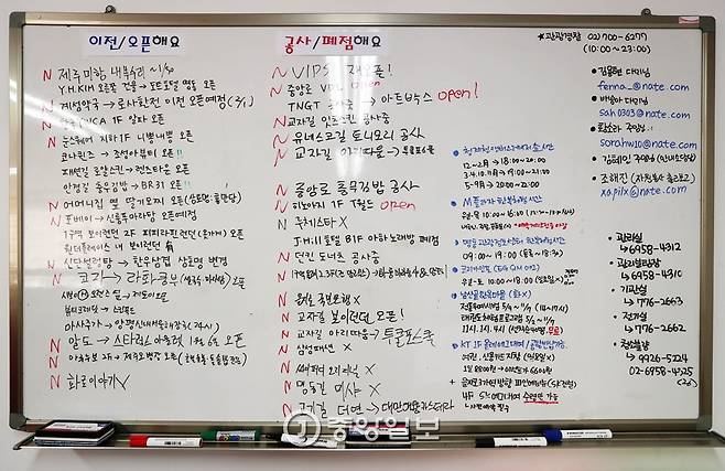 명동지역에 새로 개점하거나 휴업 하는 점포등을 적은 게시판. 매일 같이 점검해 항상 최신정보로 갖춘다. 신인섭 기자