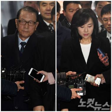 '문화예술계 블랙리스트' 작성에 관여했다는 의혹을 받고 있는 김기춘 전 대통령 비서실장-조윤선 문화체육관광부 장관이 영장실질심사를 받기 위해 20일 오전 서울 서초동 서울중앙지법으로 출석하고 있다. (이한형 기자)