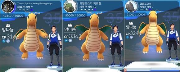 정식발매 이튿날 한 포켓몬 유저는 가장 포획하기 힘든 것으로 알려진 망나뇽 다수로 서울 영등포 일대 체육관을 점령했다. 체육관을 점령하면 주요 포켓몬 한 마리가 체육관에 귀속되는 시스템인 탓에 다수의 체육관을 차지하려면 고급 포켓몬이 여럿 있어야한다.