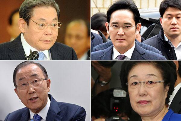 실루엣 안경을 쓴 이건희 삼성전자 회장, 이재용 삼성전자 부회장, 반기문 전 유엔 사무총장, 한명숙 전 국무총리./조선일보DB