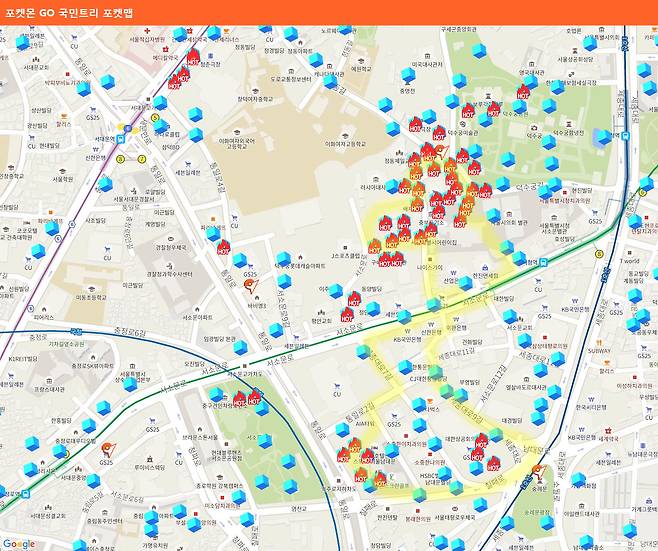 포켓몬고 국민트리 포켓맵에 표시된 서울 서소문로 주변의 포켓스탑. 걸은 경로는 노란색으로 표시했다. 신인섭 기자