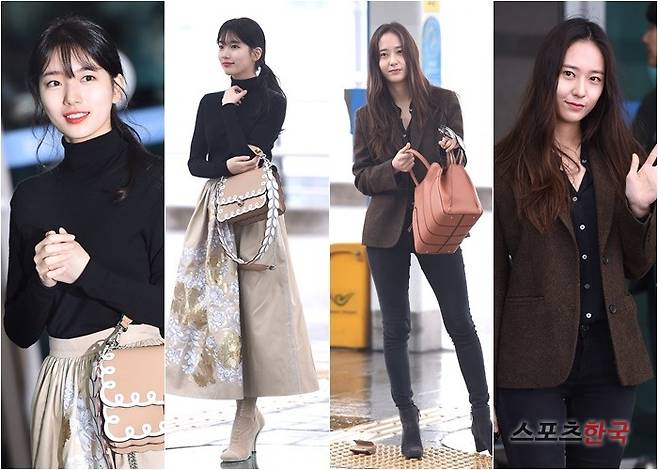 해외 일정차 인천국제공항을 통해 이탈리아 밀라노로 출국하고 있는 미쓰에이 수지와 에프엑스 크리스탈. 사진=장동규 기자 jk31@hankooki.com