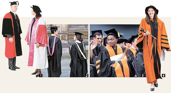 ① ② 옥스퍼드대 박사 학위복과 학사 학위복. ③ 프린스턴대 졸업생이 입는 학위 예복. ④ 졸업식 행진 선두에 서는 교수도 학교 고유의 가운을 입는다. [사진 해당 대학 홈페이지]