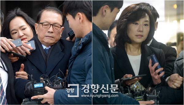 김기춘 전 청와대 비서실장(왼쪽)과 조윤선 문화체육관광부 장관이 지난 1월20일 오전 영장실질심사를 받기 위해 서울 서초구 중앙지법에 출석하고 있다. /이석우 기자