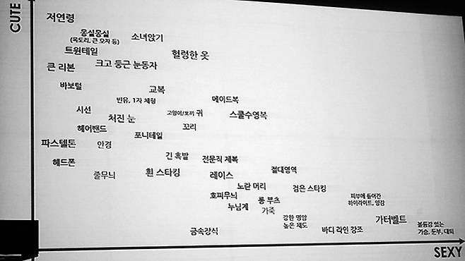 게임개발자인 김용하 PD가 2014년 넥슨 개발자 컨퍼런스(NDC)에서 강연한 모에론 발표자료 중 일부. 수많은 모에 요소들을 세로축 귀여움과 가로축 섹시함으로 도표화했다. 그는 이렇게 데이터베이스화된 모에 요소들을 조합해 캐릭터를 구축한다고 발표했다.
