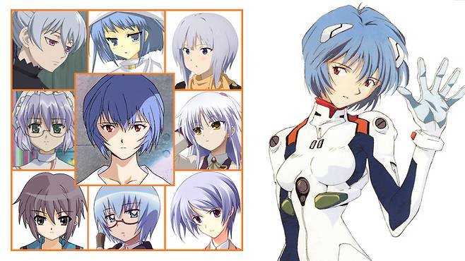 애니메이션 `신세기 에반게리온`에 등장하는 `쿨데레 캐릭터` 레이(왼쪽)과 레이에게 영향을 받은 캐릭터들. 유사한 외모와 성격, 즉 모에 속성을 공유하는 캐릭터들이다.