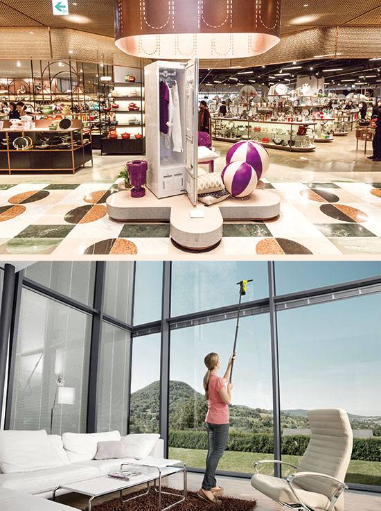 신세계백화점 강남점 가전 코너(위). 산업용으로 쓰던 고성능 청소기를 가정용으로 만든 카처 유리창 청소기 WV50 Plus(아래).