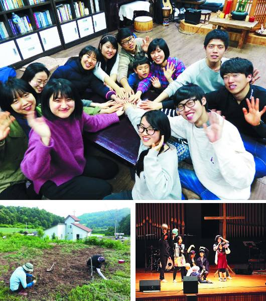 이희진 빛마을교회 목사(뒤쪽 체크무늬 상의)와 공동체 생활을 하는 청년들이 2일 경북 영주 문수면 승문리 교회 예배당에서 밝게 웃고 있다. 이들은 전국을 순회하며 뮤지컬 공연으로 복음을 전하며, 유기농법으로 농사를 짓는다(위부터 시계방향으로).