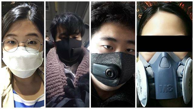 일회용 황사 마스크부터 산업용 마스크까지 각양각색의 마스크를 착용한 시민들.