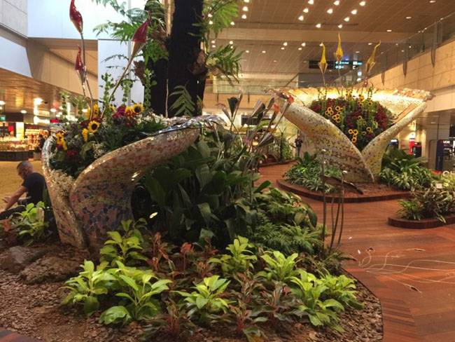 창이공항은 자연친화적인 것으로 유명하다. 곳곳에 야자수나무가 심어져 있고 잉어가 사는 연못도 있다.