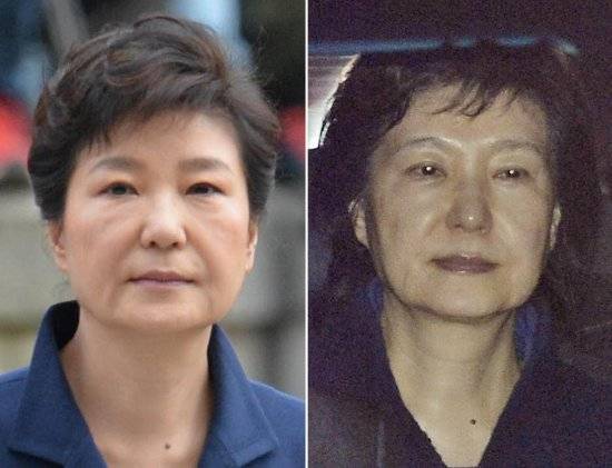 박근혜 전 대통령의 구속 전후 모습. 왼쪽은 지난달 30일 영장실질심사를 받기 위해 법원에 출석할 때의 모습이고, 오른쪽은 영장이 발부된 31일 새벽 검찰 차량으로 서울구치소로 가고 있을 때의 사진. 뉴시스