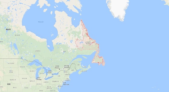 캐나다 뉴펀들랜드래브라도 주. 래브라도 반도와 뉴펀들랜드 섬을 가로지르는 벨아일해협이 '아이스버그 앨리'다. [사진 구글지도 캡처]