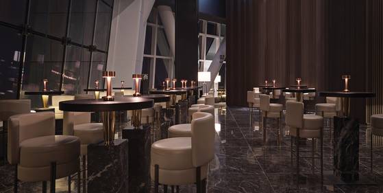 반듯한 직선과 단순한 디자인의 가구로 롯데월드타워 123 라운지의 동양미를 표현했다. [사진 태오양스튜디오]