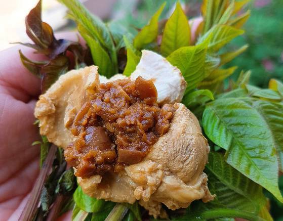 생옻순어육된장쌈: 옻순을 익혀 먹는 것은 우루시올 성분을 휘발시켜 옻이 오를 위험을 줄이기 위해서다. 옻이 타지 않는 사람들은 옻순은 생으로 먹는 게 가장 맛있다고 한다. 생옻순에 익힌 닭고기 올리고 3년 묵은 어육된장을 얹어 쌈을 쌌다. 장민영 식재료연구가