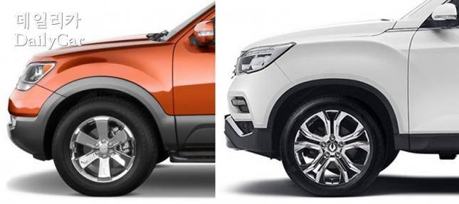 렉스턴 vs. G4 렉스턴(휠 아치 강조하면 바퀴가 커보임)