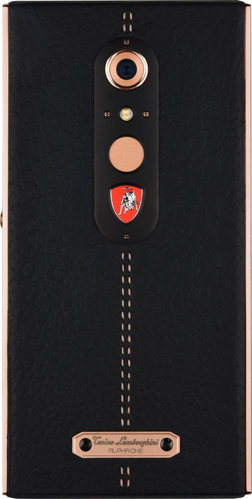 16일 출시된 '람보르기니폰' 알파원의 후면은 최고급 이탈리아산 가죽으로 만들어졌다. 가운데 박힌 람보르기니 로고와 지문 인식 버튼도 특징이다. [사진 다산네트웍스]
