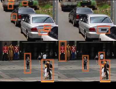 왼쪽은 Faster R-CNN, 오른쪽은 RF-RCNN. 카카오맵 로드뷰에는 RF-RCNN을 적용해 차량번호판과 사람얼굴을 더 정확히 분간해 블러처리 할 수 있게 했다. (자료=카카오AI리포트)