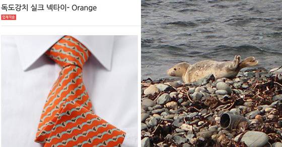 문재인 대통령이 착용한 독도강치 실크 넥타이(왼쪽)와 한 때 독도에서 흔히 볼 수 있었던 강치 [인터넷캡쳐, 독도관사무소]