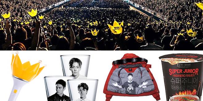 다양한 아이돌 굿즈. 하단 이미지 좌로부터 빅뱅 야광봉, 엑소, 아이콘, 슈퍼주니어의 굿즈. 상단 이미지는 빅뱅 콘서트를 가득 채운 야광봉. /사진출처 = 각 소속사