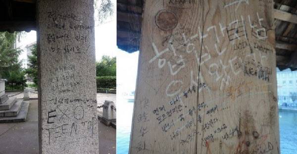 한국인들이 백두산 관광 코스로 자주 방문하는 중국 용정의 한 관광지에 한글 낙서가 돼 있다(좌측). 스위스 루체른 카펠교에도 한글 낙서가 발견됐다(우측). 카펠교는 1333년 로이스강에 놓인 다리로, 유럽에서 가장 오래되고 가장 긴 나무다리로 길이가 200m에 이른다. /인터넷 캡처