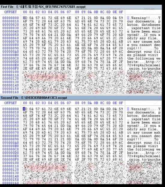 에레버스 랜섬웨어가 네트워크 접속이 되지 않을때(위)와 접속이 가능할 때 각각 암호화된 파일 바이너리 비교 [자료=안랩 ASEC 블로그]