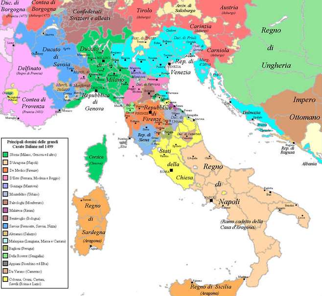 15세기~16세기 이탈리아는 스페인(아라곤,카스티아),프랑스,신성로마제국의 영향력이 도시국가별로 나뉘어져 있었다.