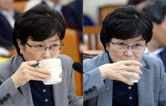 3일 서울 여의도 국회 환경노동위원회 회의실에서 열린 인사청문회에 참석해 물을 마시는 김은경 환경부 장관 후보자. 오전 청문회에서 머그잔을 사용했고(왼쪽) 오후 속개된 청문회에선 종이컵을 사용했다. 뉴시스