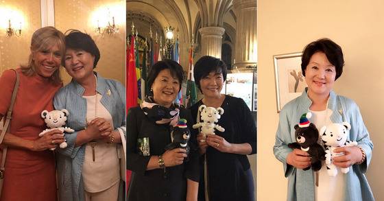 김정숙 여사가 마크롱 프랑스 대통령의 부인 브리짓 마크롱 여사와 아베 일본 총리의 부인 아키에 아베 여사에게 ‘2018 평창 동계올림픽’의 마스코트인 수호랑·반다비 인형을 선물했다. (왼쪽부터) [사진 청와대 제공]