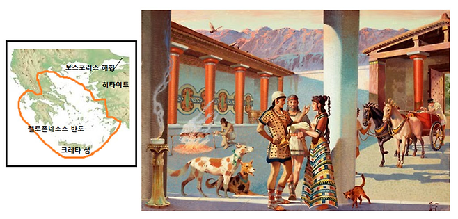 미케네 문명권의 지형도(왼쪽). 유물에 기초해서 복원한 미케네 크노소스 궁전 일상 상상도 ⓒ 사진=이진아·Antiquated Antiquarian 제공