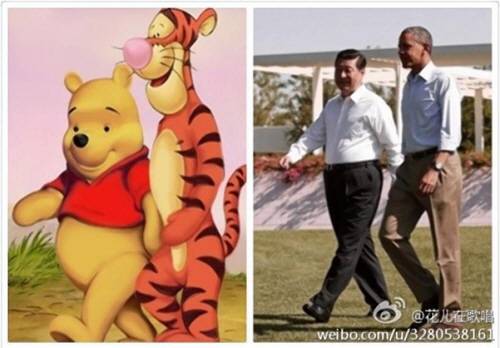 만화 속 푸·티거와 2013년 미중 정상의 회동을 비교한 사진.    /웨이보 캡처