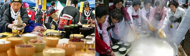서울 동대문구 선농단에서 열리는 선농대제. 설렁탕의 기원이 됐다고 알려진 이 행사는 매년 열리고 있다. 제사가 끝난 뒤 커다란 솥에 끓여진 설렁탕을 나눠 먹는다. /조선DB.