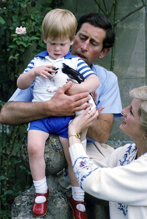 빨간 구두를 신고 아버지 찰스 왕세자에 안겨 있는 해리 왕자. 어머니 다이애나도 함께 했다. 누가 봐도 반짝반짝 빛나는 새 구두다. [중앙DB]