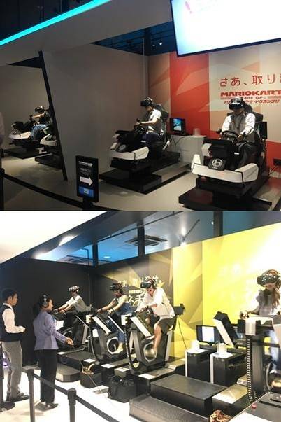 마리오 카트를 즐기고 있는 이용자들(위)과 하네챠리를 타고 있는 이용자들(아래). / 도쿄=이다비 기자