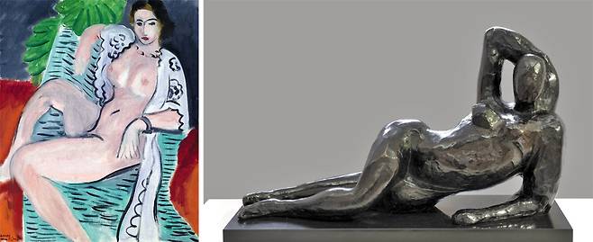 (사진 왼쪽)앙리 마티스의 ‘옷을 걸친 누드’, 1936년, 45.7×37.5㎝, 캔버스에 유채. (사진 오른쪽)앙리 마티스의 ‘비스듬히 누운 누드Ⅱ’, 1927년, 28.3×49.5×14.9㎝, 청동.