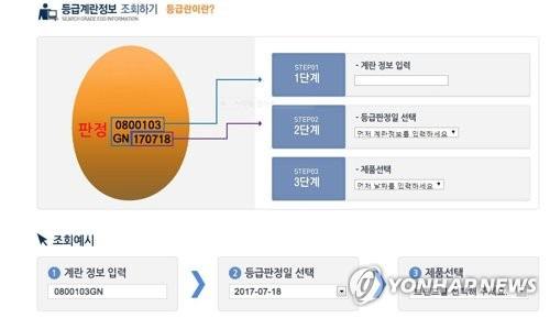 (서울=연합뉴스) 축산물품질평가원은 계란 정보를 입력하면 '살충제 계란' 여부를 확인할 수 있는 사이트를 운영하고 있다고 17일 밝혔다.      '등급계란정보 조회하기'(www.ekape.or.kr/view/micro/eggetrace/eggetraceSearch.asp)에 들어가서 계란 표면에 적혀져 있는 이력 정보를 입력하면 살충제 계란 여부를 쉽게 확인할 수 있다. 2017.8.17 [축산물품질평가원 홈페이지 캡처=연합뉴스]