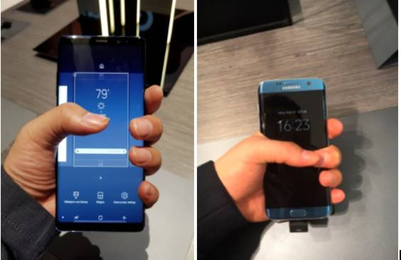 갤럭시노트8을 한손으로 움켜쥔 모습(왼쪽)과 갤럭시노트7을 한손으로 움켜쥔 모습(오른쪽). 갤럭시노트8은 한손으로 잡기 불편한 반면, 갤럭시노트7은 여유가 있게 잡힌다. / 뉴욕=심민관 기자