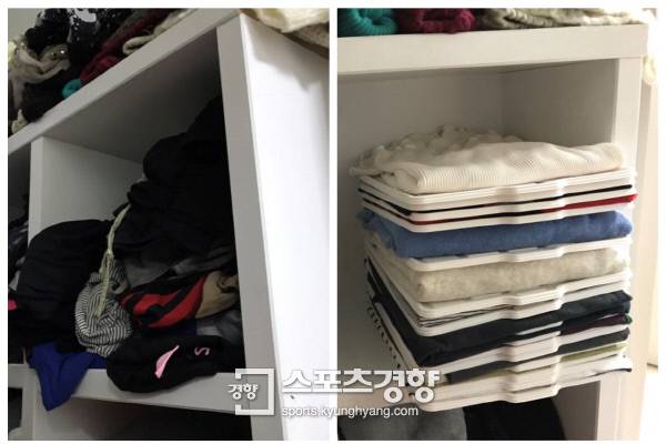 티셔츠를 몇 개 빼 입은 뒤 엉망이 돼 버린 수납칸(왼쪽)의 모습과 옷정리 폴더와 트레이를 사용해 정리한 모습. 180도 달라진 모습이다.