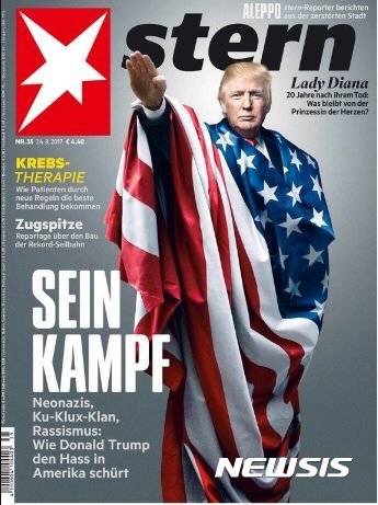 【서울=뉴시스】독일 시사주간 슈테른이 24일(현지시간) 도널드 트럼프 미국 대통령이 나치식 경례를 하는 합성사진이 담긴 최신호 표지 사진을 공개했다. <출처: 트위터> 2017.8.25.