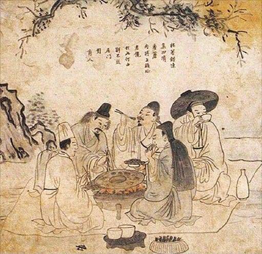 19세기에  불판을 사용해 고기 굽는 모습을 그린 ‘야연’.