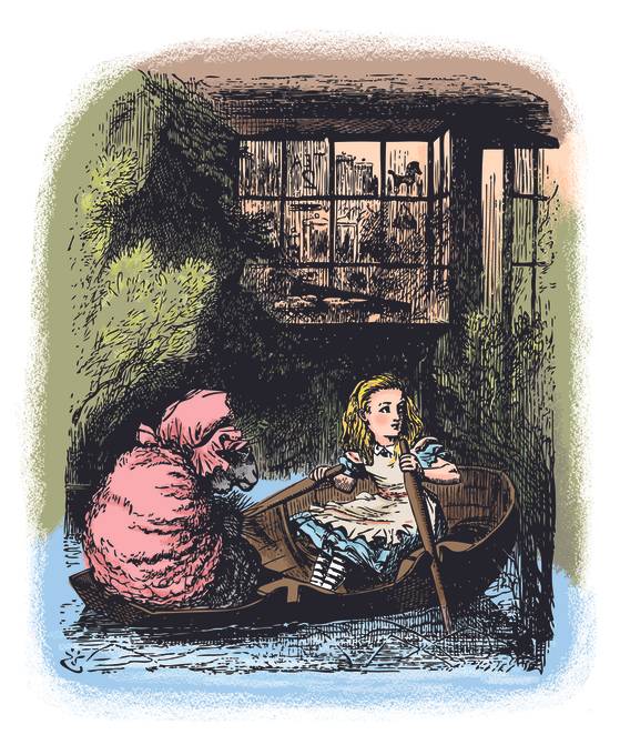 '이상한 나라의 앨리스 추리파일'(보누스) 중에서. Alice Rows the Sheep - Through the Looking Glass and what Alice Found There original book engraving. Alice is rowing inside a boat, taking the knitting sheep away.